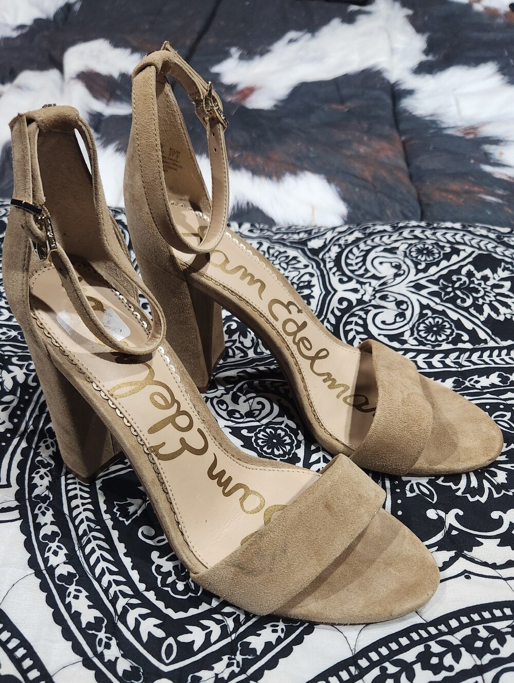 Sam Edelman Tan Suede Ankle-Strap Block Heels